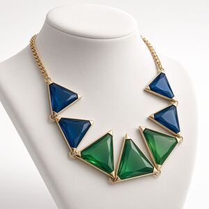 ML Signed Gold Tone Statement Necklace – Faceted Glass Triangle Bib Blue & Green